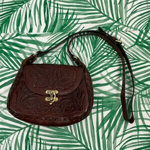 Patricia Nash Lucia Brown Tooled Leather Rose Design Crossbody Bag